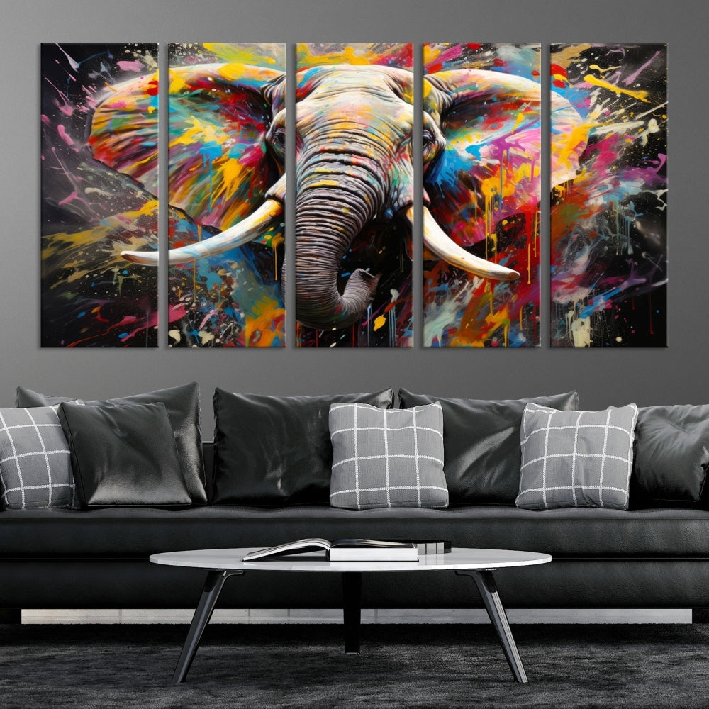 Vivid Colors Abstract Elephant Painting Modern Framed Large Wall Art Canvas Print