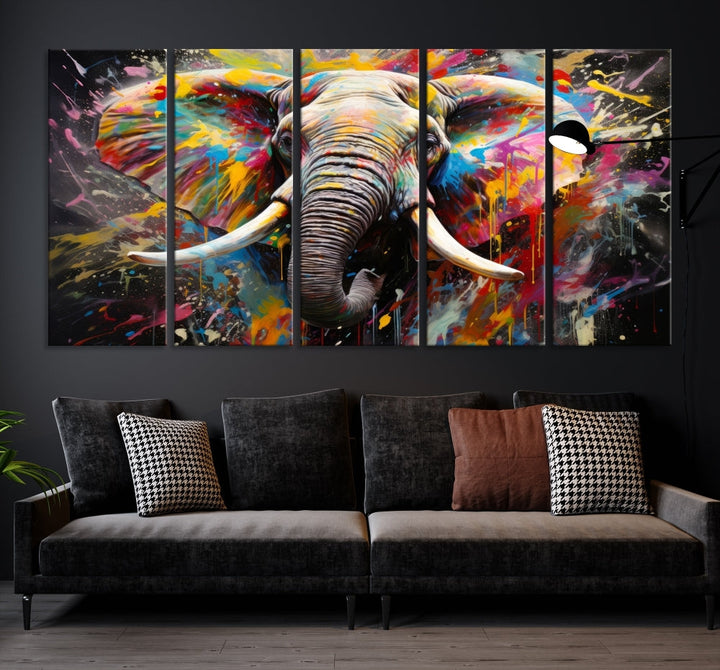 Vivid Colors Abstract Elephant Painting Modern Framed Large Wall Art Canvas Print