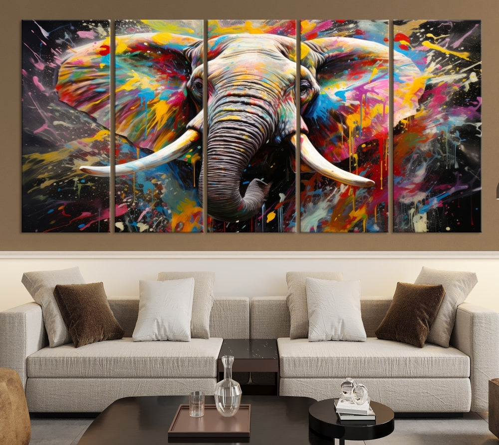 Vivid Colors Abstract Elephant Painting Modern Framed Large Wall Art Canvas Print