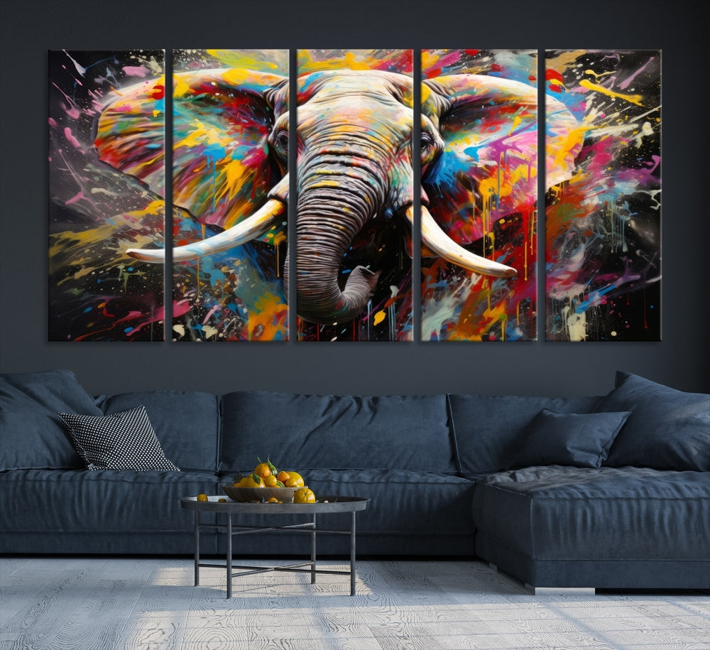 Vivid Colors Abstract Elephant Painting Modern Framed Large Wall Art Canvas Print