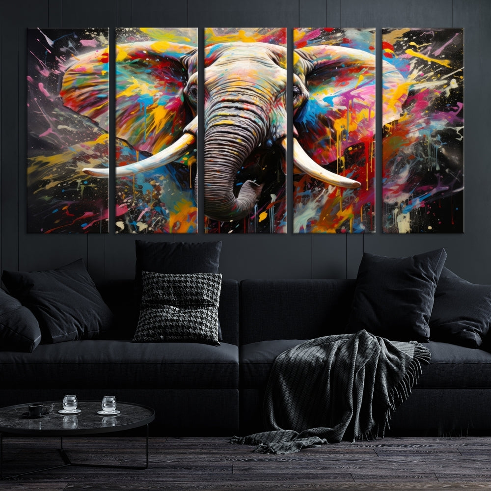 Vivid Colors Abstract Elephant Painting Modern Framed Large Wall Art Canvas Print