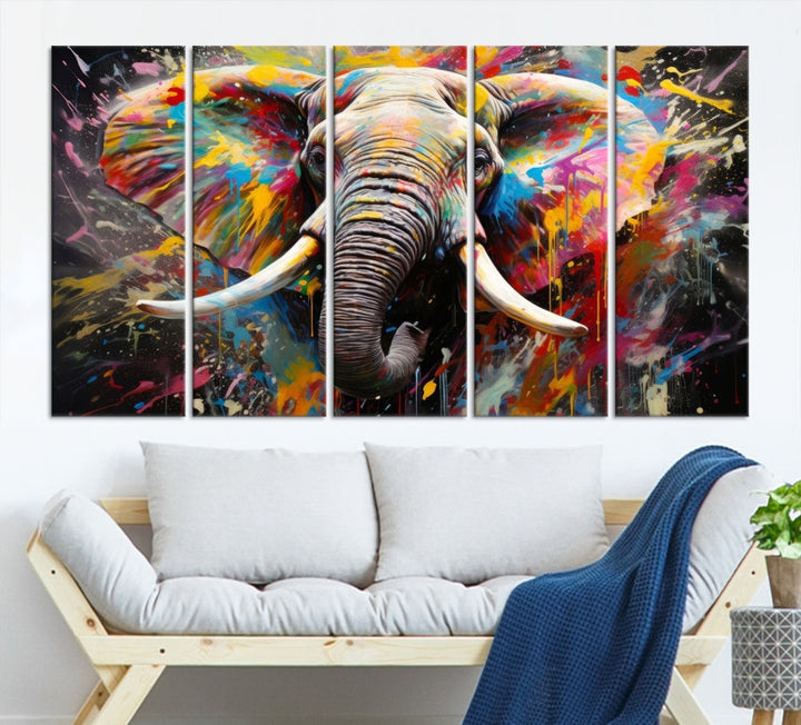 Vivid Colors Abstract Elephant Painting Modern Framed Large Wall Art Canvas Print