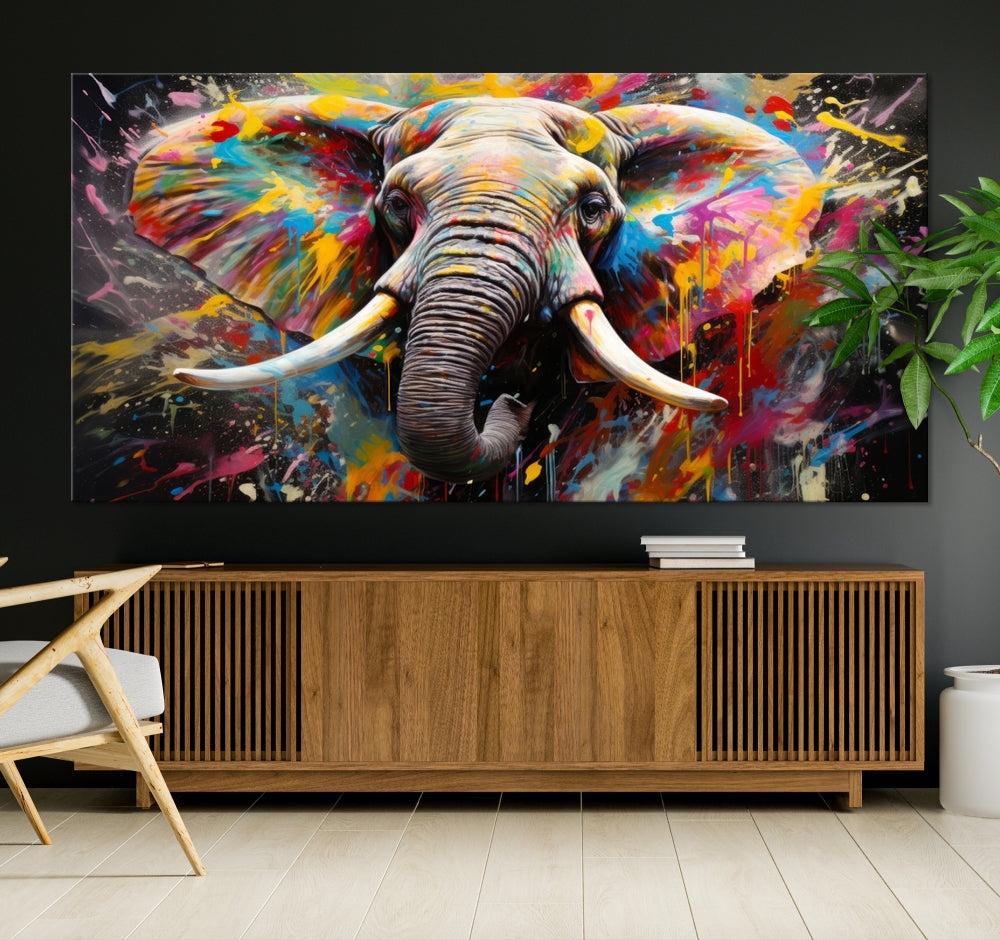 Vivid Colors Abstract Elephant Painting Modern Framed Large Wall Art Canvas Print