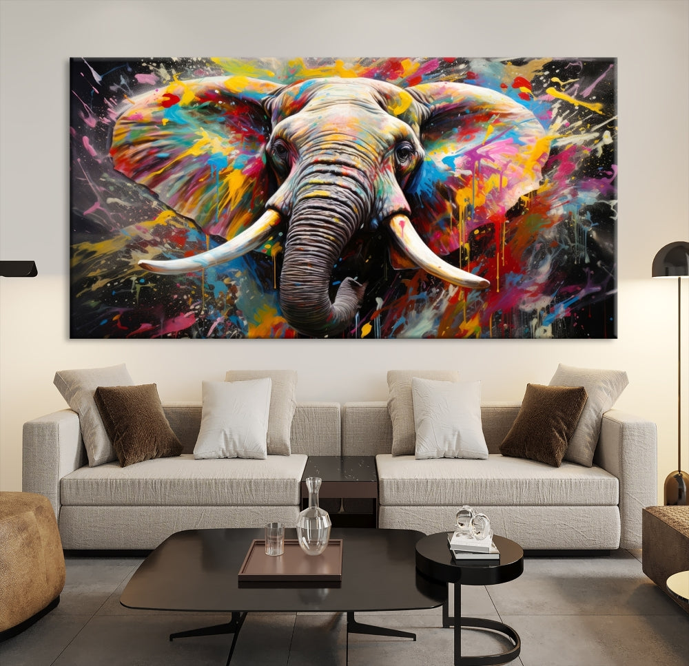 Vivid Colors Abstract Elephant Painting Modern Framed Large Wall Art Canvas Print