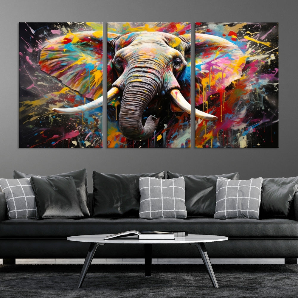 Vivid Colors Abstract Elephant Painting Modern Framed Large Wall Art Canvas Print