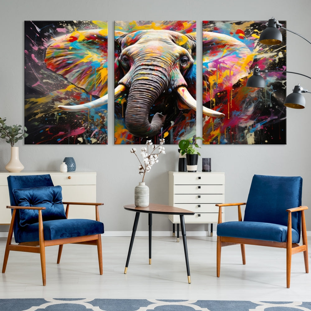 Vivid Colors Abstract Elephant Painting Modern Framed Large Wall Art Canvas Print