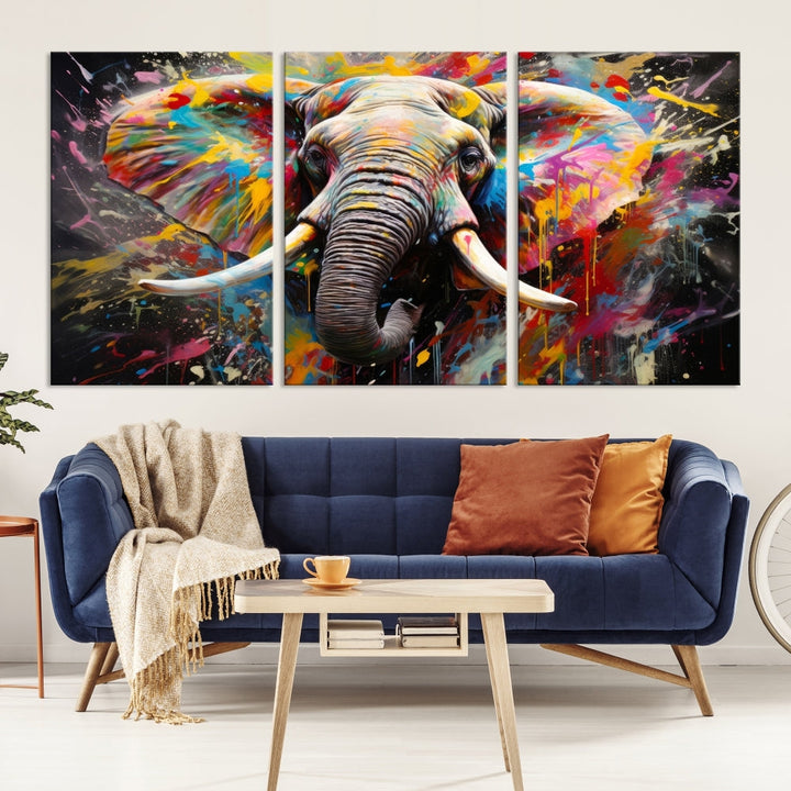 Vivid Colors Abstract Elephant Painting Modern Framed Large Wall Art Canvas Print