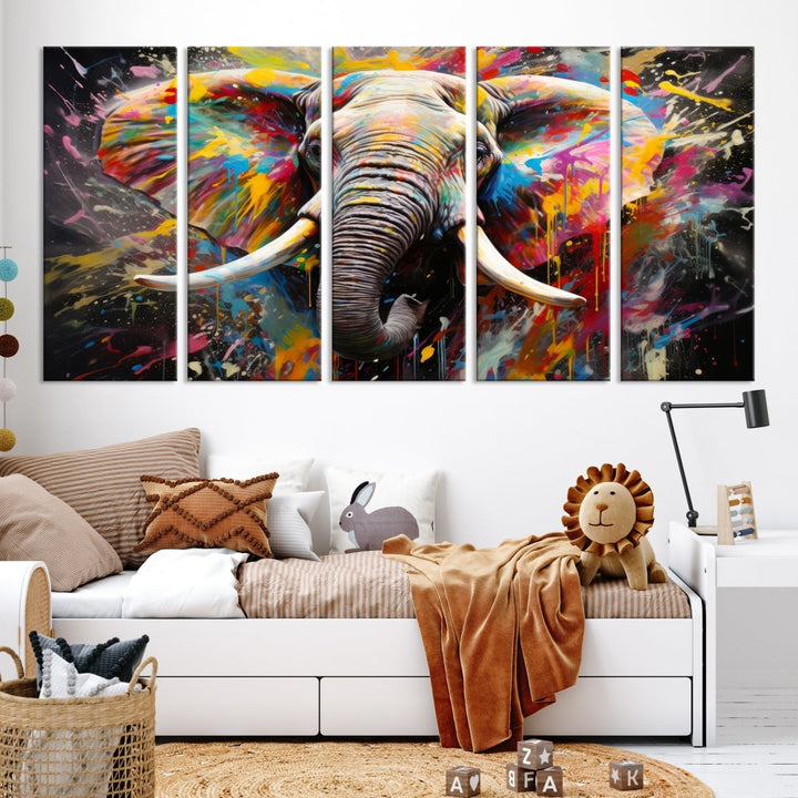 Vivid Colors Abstract Elephant Painting Modern Framed Large Wall Art Canvas Print