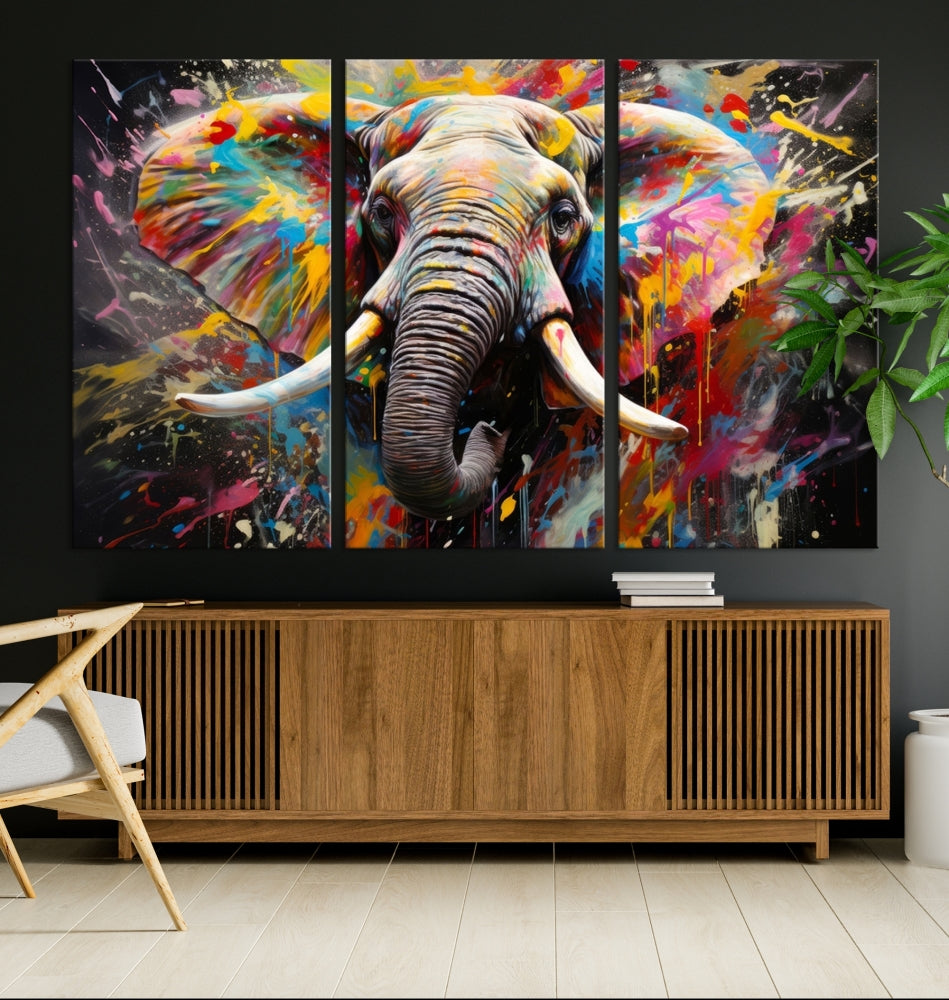 Vivid Colors Abstract Elephant Painting Modern Framed Large Wall Art Canvas Print