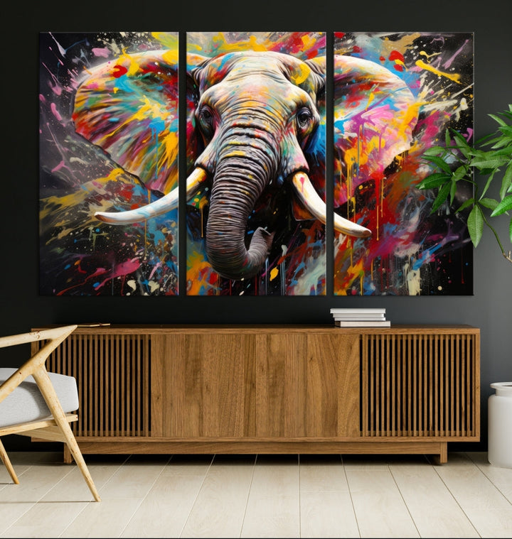 Vivid Colors Abstract Elephant Painting Modern Framed Large Wall Art Canvas Print