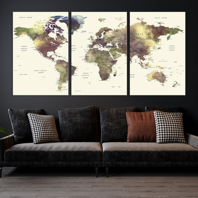 Vivid Colors Detailed World Map Wall Art Push Pin Travel Map Canvas Print