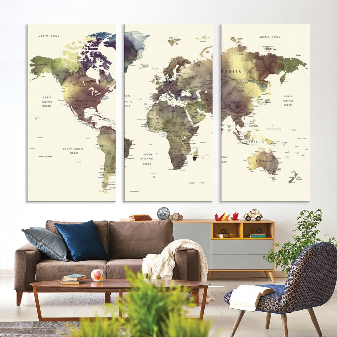 Vivid Colors Detailed World Map Wall Art Push Pin Travel Map Canvas Print