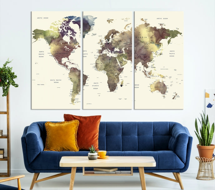 Vivid Colors Detailed World Map Wall Art Push Pin Travel Map Canvas Print