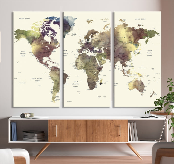 Vivid Colors Detailed World Map Wall Art Push Pin Travel Map Canvas Print