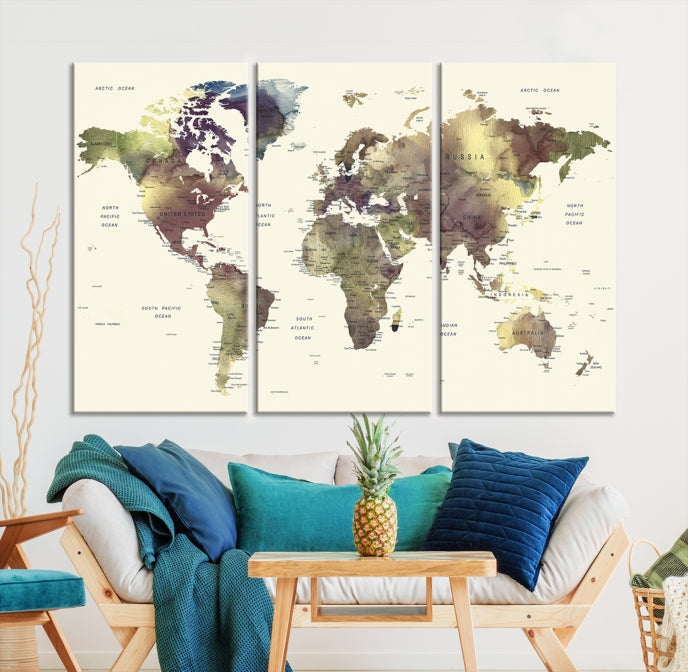 Vivid Colors Detailed World Map Wall Art Push Pin Travel Map Canvas Print