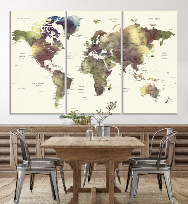 Vivid Colors Detailed World Map Wall Art Push Pin Travel Map Canvas Print