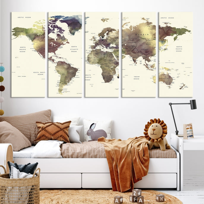 Vivid Colors Detailed World Map Wall Art Push Pin Travel Map Canvas Print