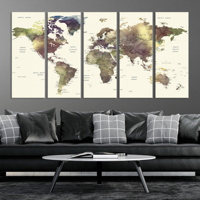 Vivid Colors Detailed World Map Wall Art Push Pin Travel Map Canvas Print