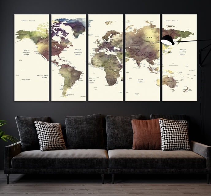 Vivid Colors Detailed World Map Wall Art Push Pin Travel Map Canvas Print