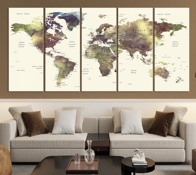 Vivid Colors Detailed World Map Wall Art Push Pin Travel Map Canvas Print