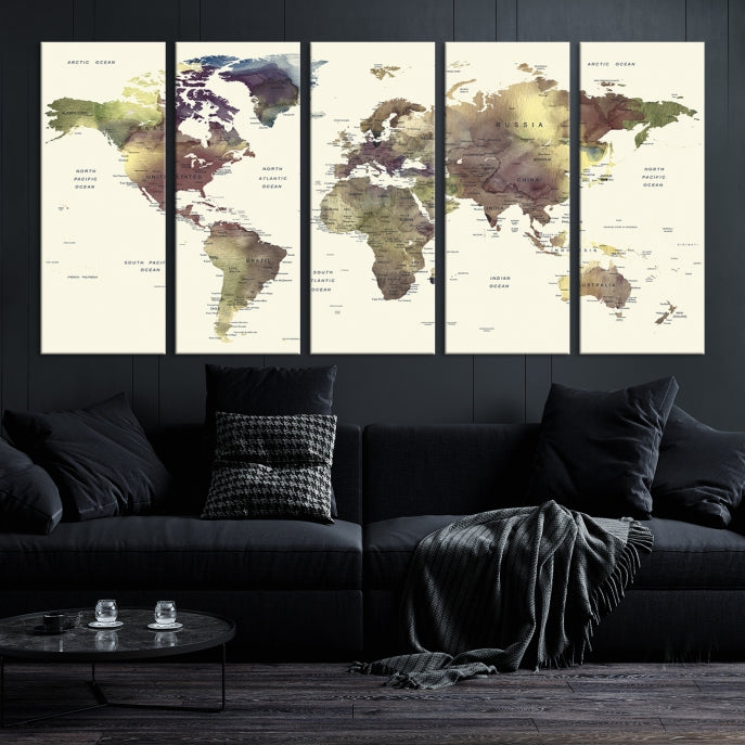 Vivid Colors Detailed World Map Wall Art Push Pin Travel Map Canvas Print