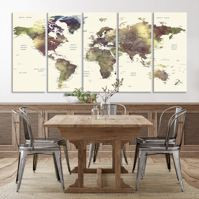 Vivid Colors Detailed World Map Wall Art Push Pin Travel Map Canvas Print