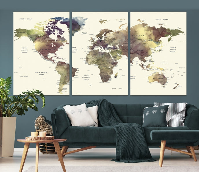 Vivid Colors Detailed World Map Wall Art Push Pin Travel Map Canvas Print