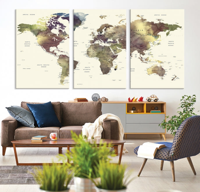 Vivid Colors Detailed World Map Wall Art Push Pin Travel Map Canvas Print