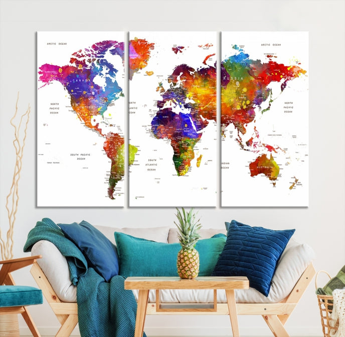 Vivid Watercolor World Map Push Pin Detailed Travel Map Poster Print on Canvas Art