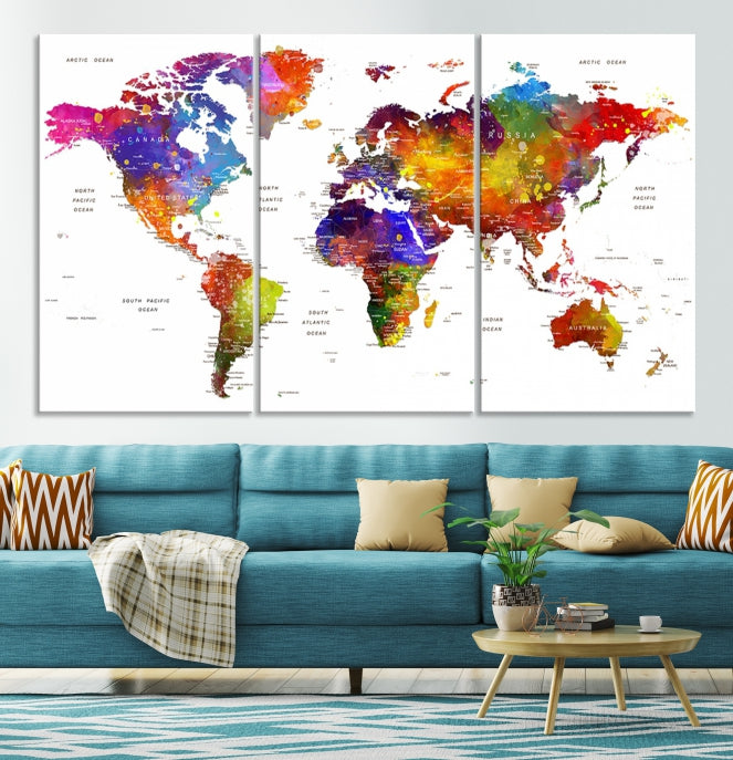 Vivid Watercolor World Map Push Pin Detailed Travel Map Poster Print on Canvas Art