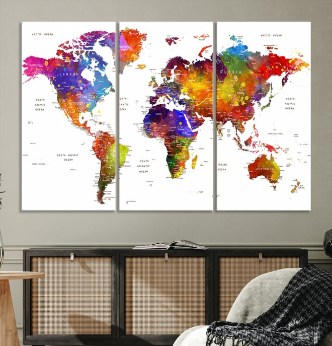 Vivid Watercolor World Map Push Pin Detailed Travel Map Poster Print on Canvas Art