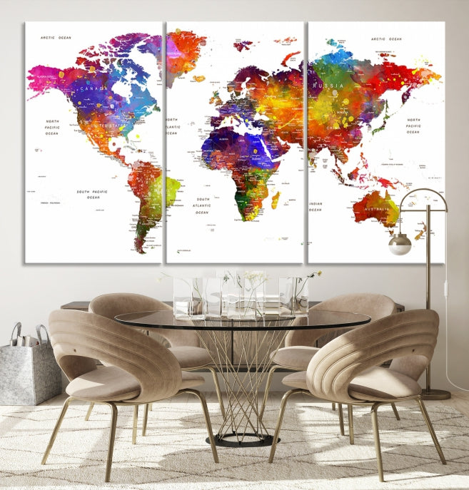 Vivid Watercolor World Map Push Pin Detailed Travel Map Poster Print on Canvas Art