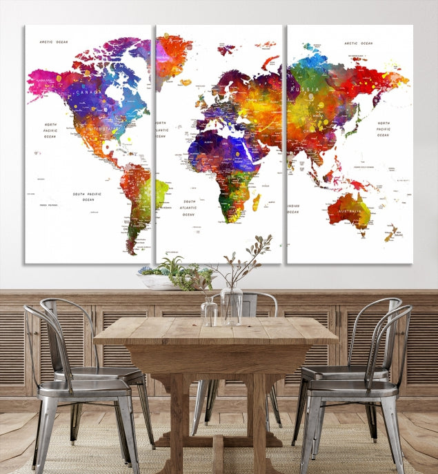 Vivid Watercolor World Map Push Pin Detailed Travel Map Poster Print on Canvas Art