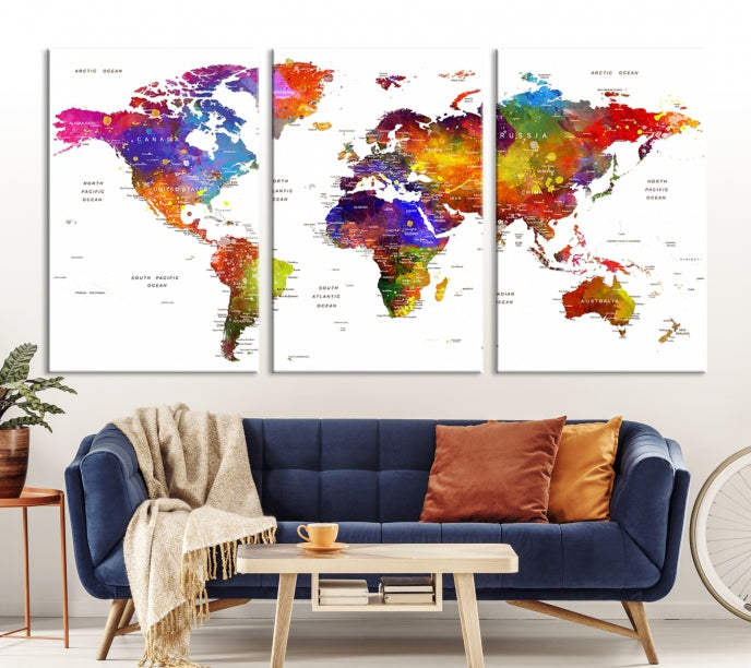 Vivid Watercolor World Map Push Pin Detailed Travel Map Poster Print on Canvas Art