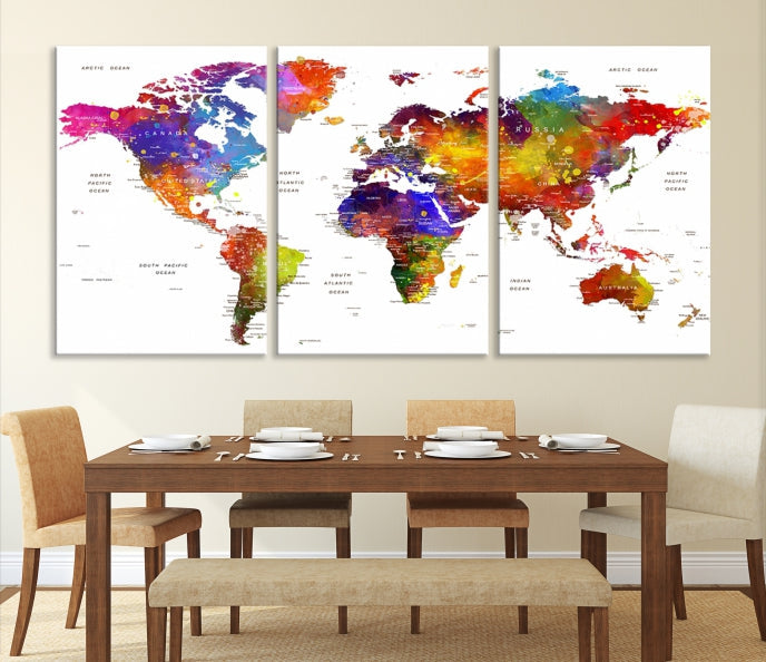 Vivid Watercolor World Map Push Pin Detailed Travel Map Poster Print on Canvas Art