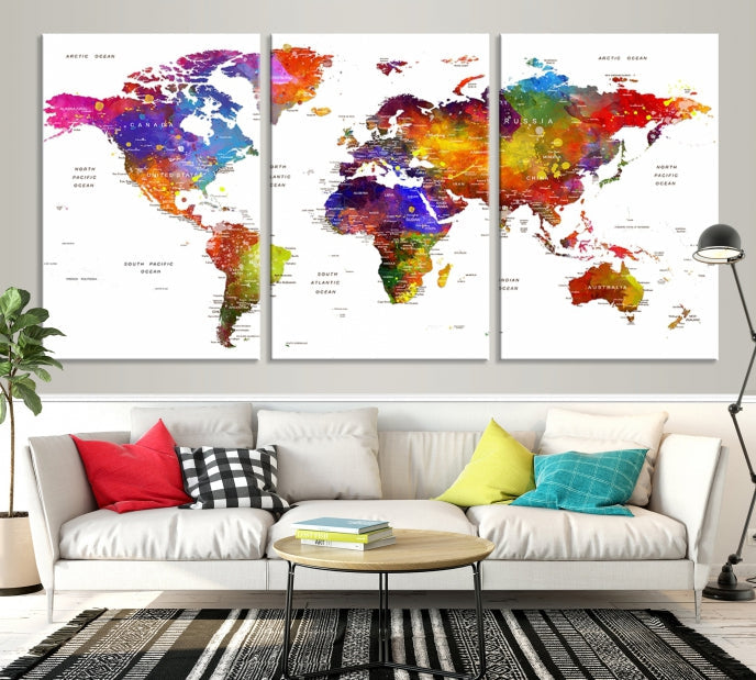 Vivid Watercolor World Map Push Pin Detailed Travel Map Poster Print on Canvas Art