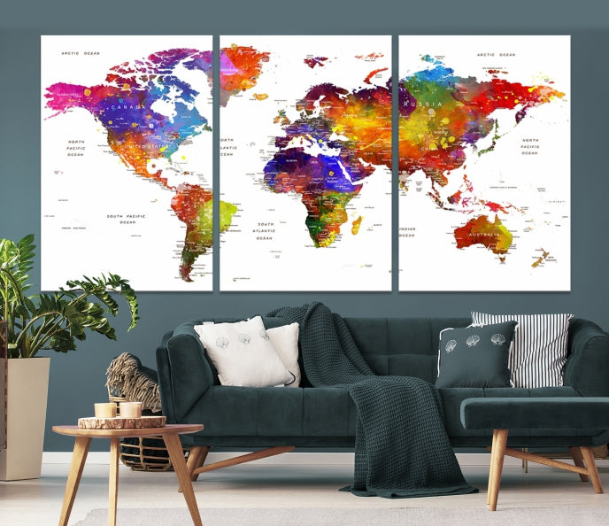 Vivid Watercolor World Map Push Pin Detailed Travel Map Poster Print on Canvas Art