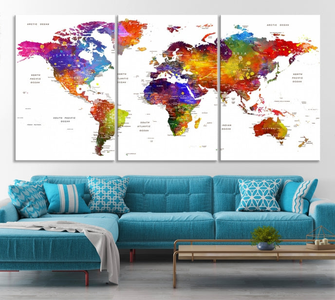 Vivid Watercolor World Map Push Pin Detailed Travel Map Poster Print on Canvas Art