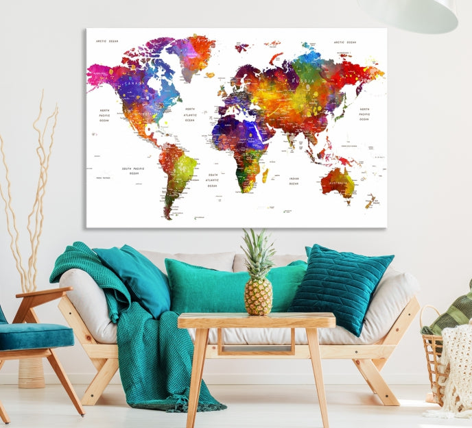 Vivid Watercolor World Map Push Pin Detailed Travel Map Poster Print on Canvas Art