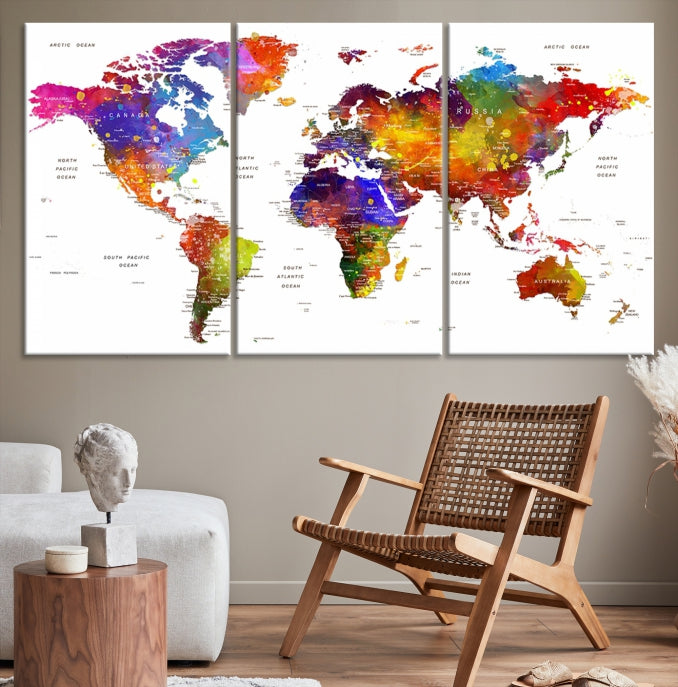 Vivid Watercolor World Map Push Pin Detailed Travel Map Poster Print on Canvas Art