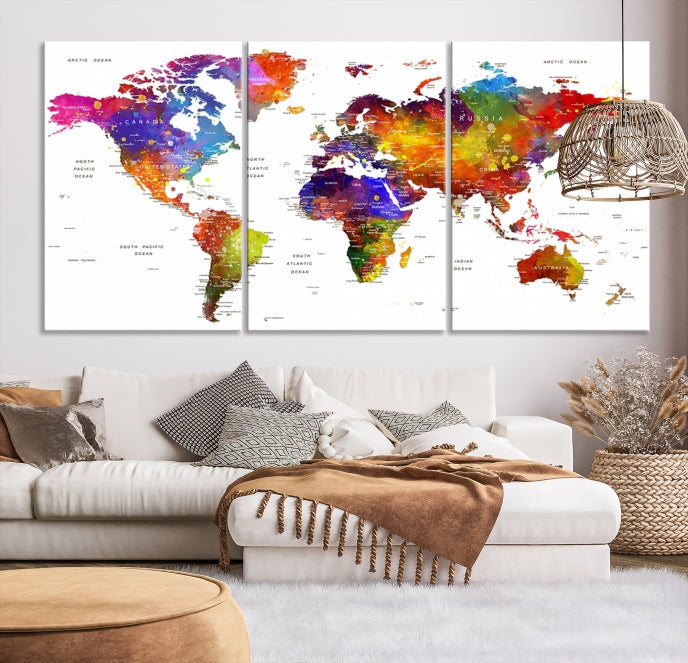 Vivid Watercolor World Map Push Pin Detailed Travel Map Poster Print on Canvas Art