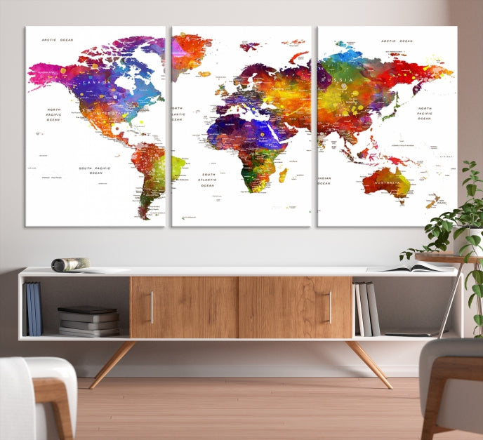 Vivid Watercolor World Map Push Pin Detailed Travel Map Poster Print on Canvas Art