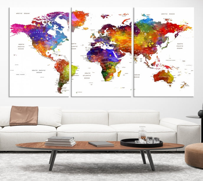 Vivid Watercolor World Map Push Pin Detailed Travel Map Poster Print on Canvas Art