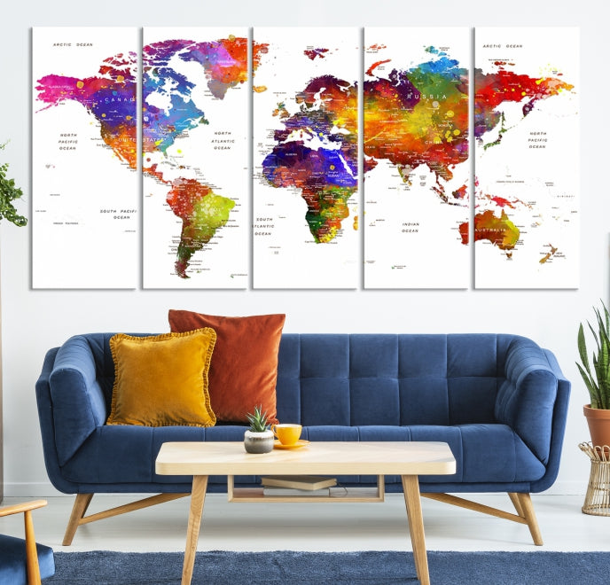 Vivid Watercolor World Map Push Pin Detailed Travel Map Poster Print on Canvas Art