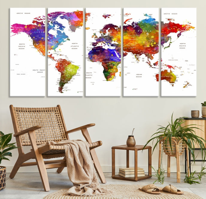 Vivid Watercolor World Map Push Pin Detailed Travel Map Poster Print on Canvas Art