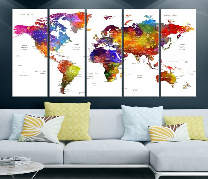 Vivid Watercolor World Map Push Pin Detailed Travel Map Poster Print on Canvas Art