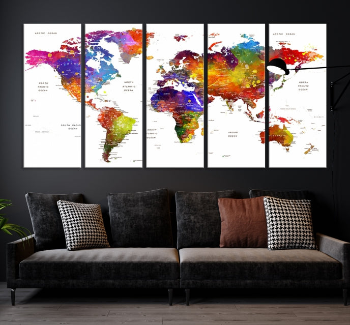 Vivid Watercolor World Map Push Pin Detailed Travel Map Poster Print on Canvas Art