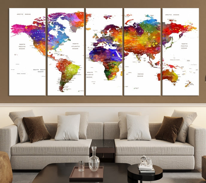 Vivid Watercolor World Map Push Pin Detailed Travel Map Poster Print on Canvas Art