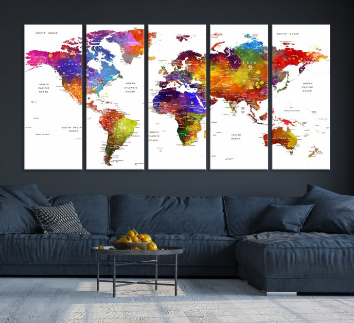 Vivid Watercolor World Map Push Pin Detailed Travel Map Poster Print on Canvas Art