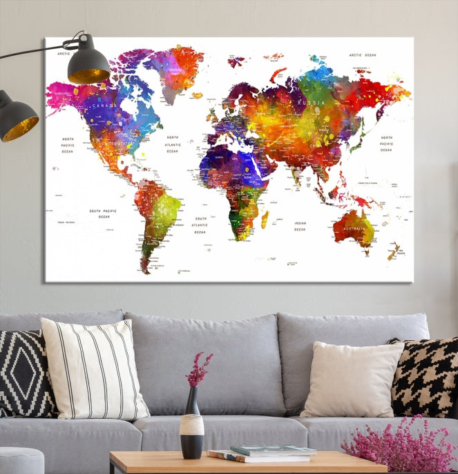 Vivid Watercolor World Map Push Pin Detailed Travel Map Poster Print on Canvas Art